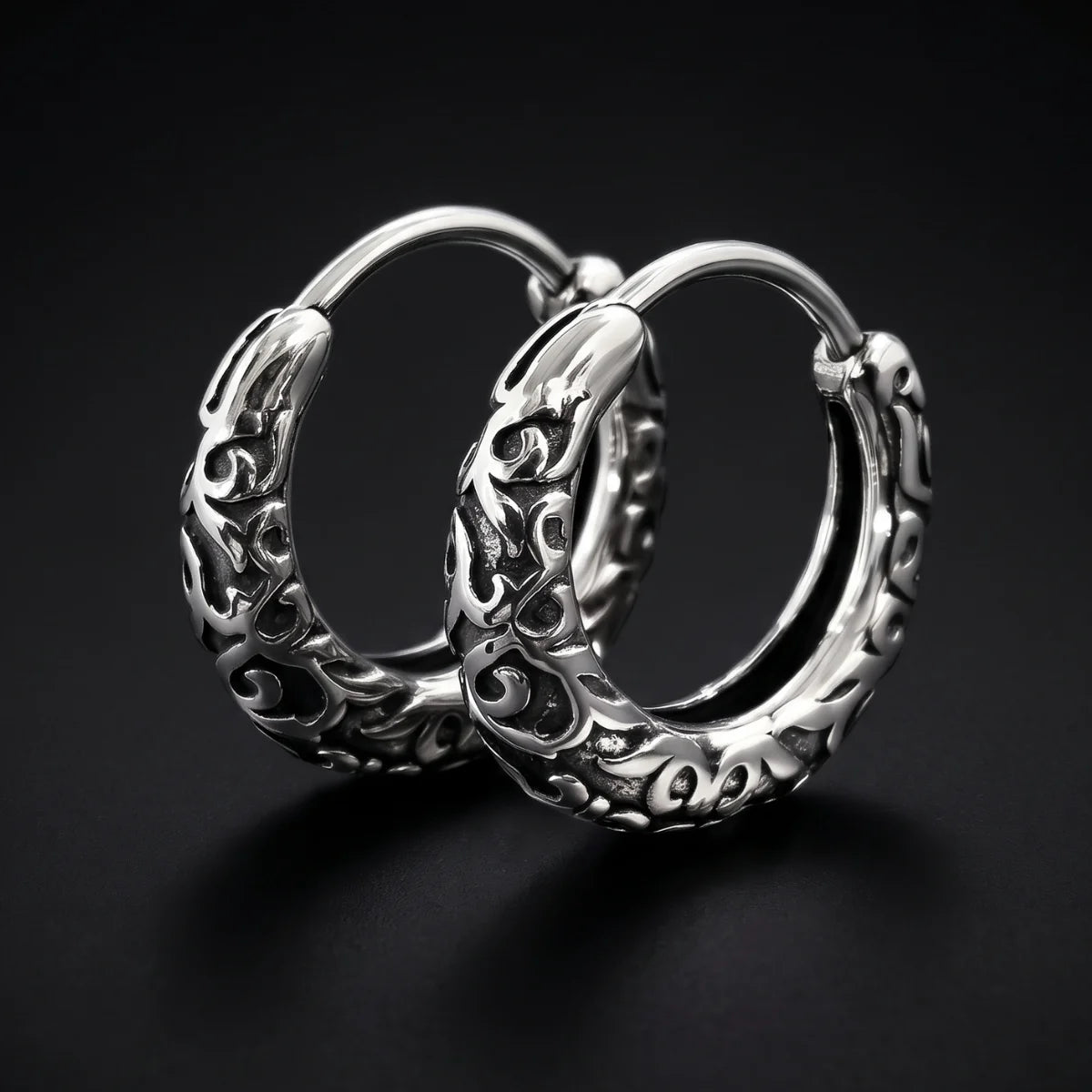 Vintage Scrollwork Hoop Earrings Silver Close Up