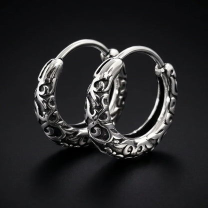 Vintage Scrollwork Hoop Earrings Silver Close Up