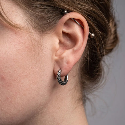 Vintage Scrollwork Hoop Earrings Silver Worn by Female Model