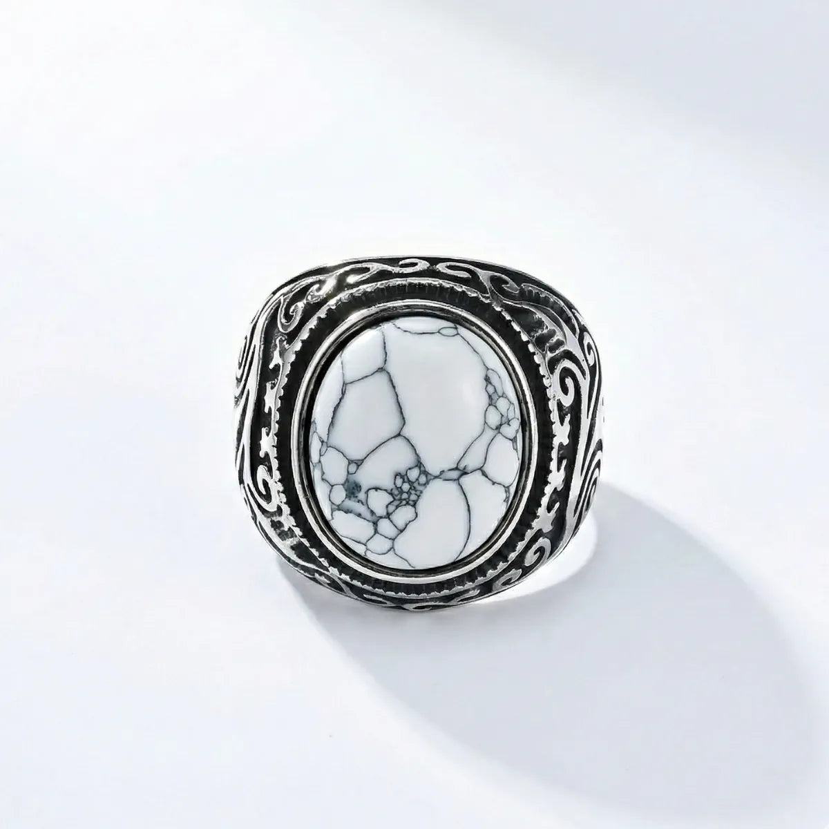 Vintage Scrollwork White Howlite Signet Ring Details