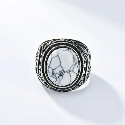 Vintage Scrollwork White Howlite Signet Ring Details