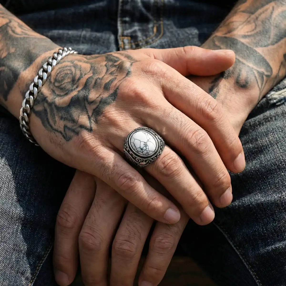 Vintage Scrollwork White Howlite Signet Ring Worn by Male Model Side