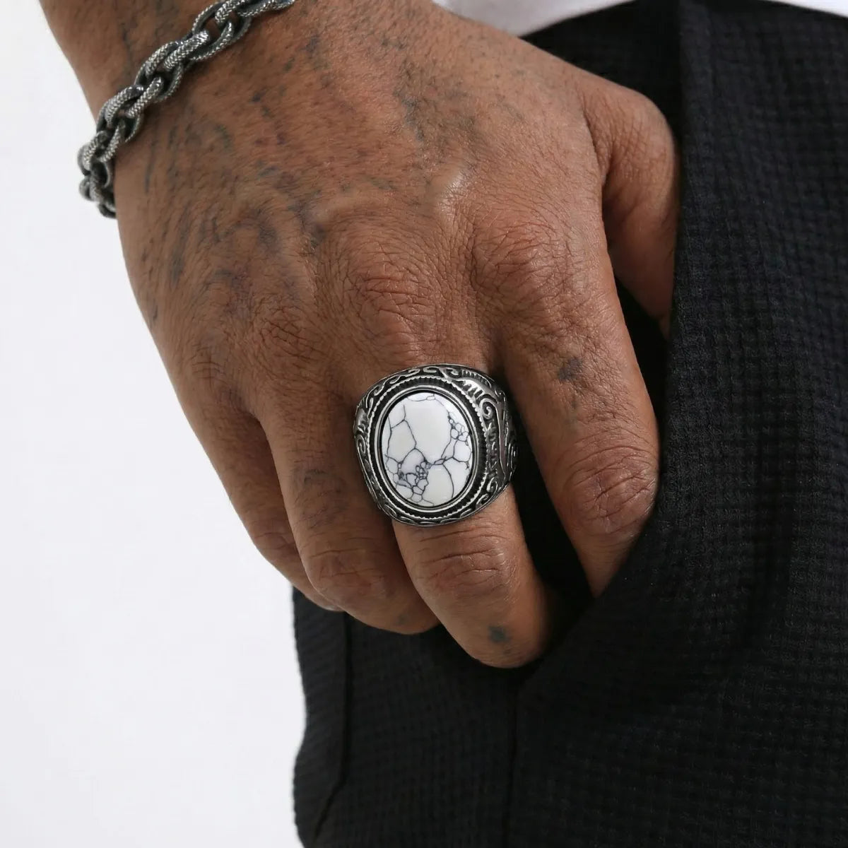 Vintage Scrollwork White Howlite Signet Ring Worn by Male Model