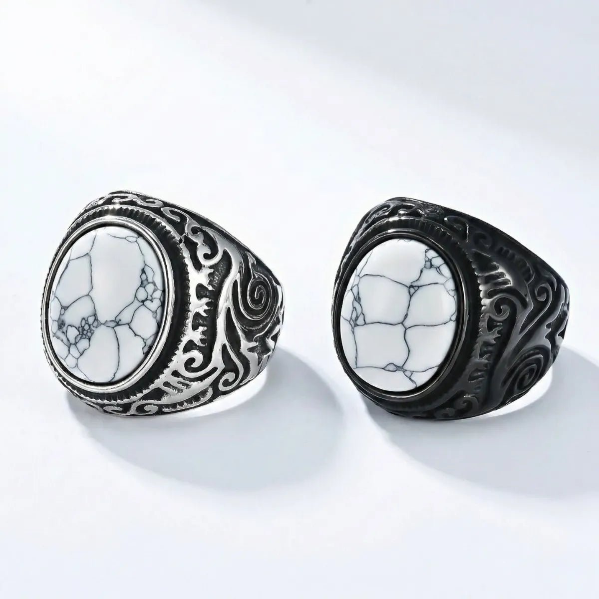 Vintage Scrollwork White Howlite Signet Ring and Black White Howlite Signet Ring Details