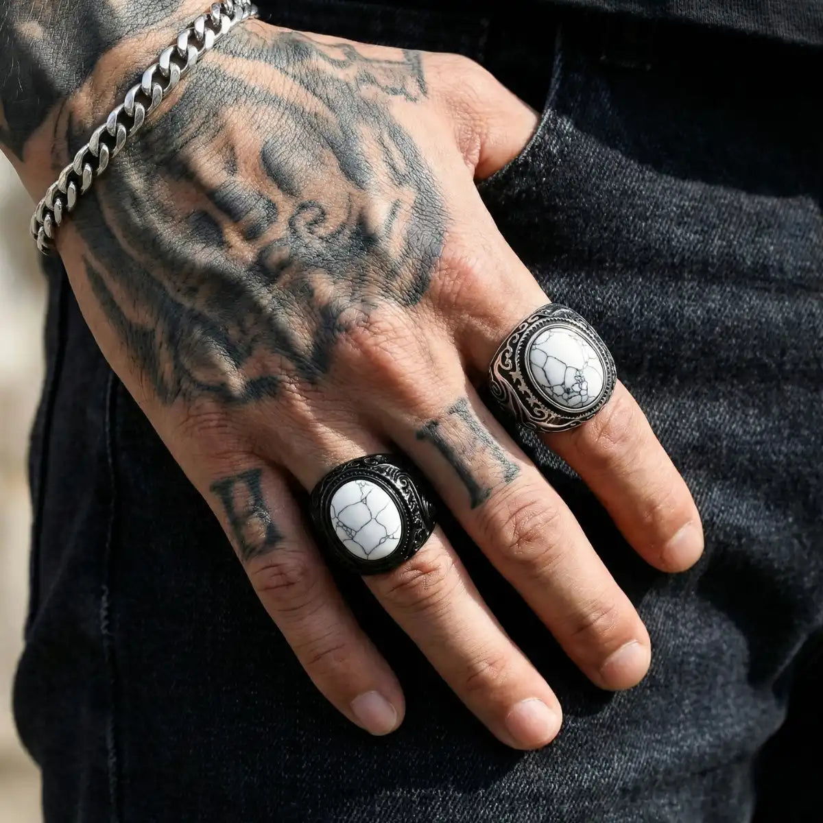 Vintage Scrollwork White Howlite Signet Ring and Black White Howlite Signet Ring Worn by Male Model