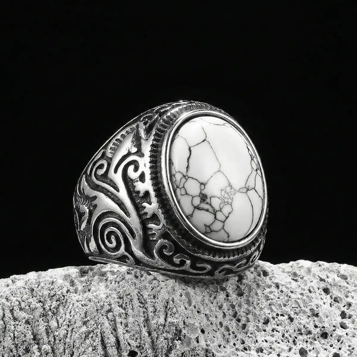 Vintage Scrollwork White Howlite Signet Ring