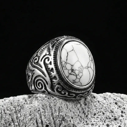 Vintage Scrollwork White Howlite Signet Ring