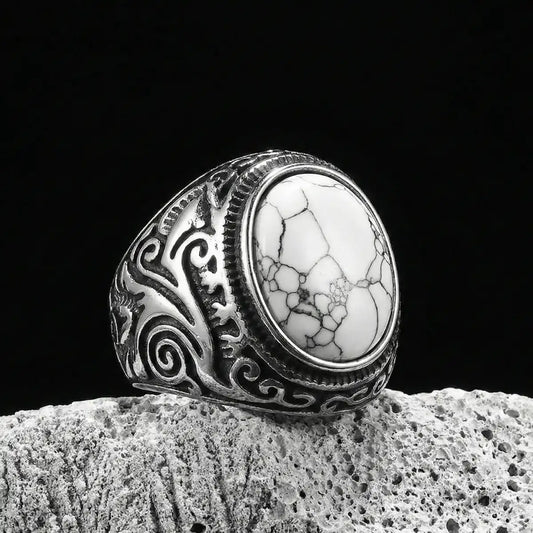 Vintage Scrollwork White Howlite Signet Ring