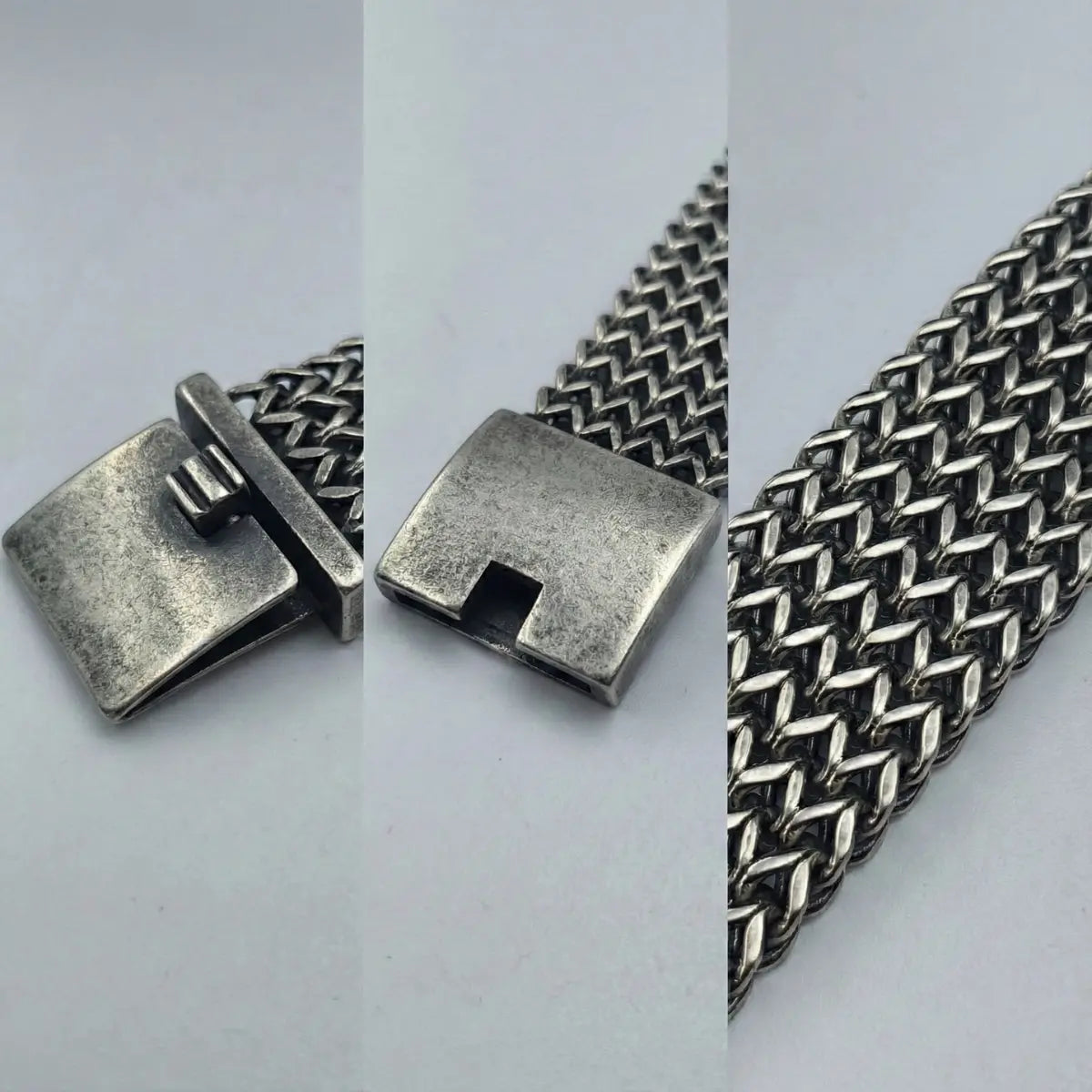 Vintage Silver Chunky Woven Mesh Bracelet 30mm Details