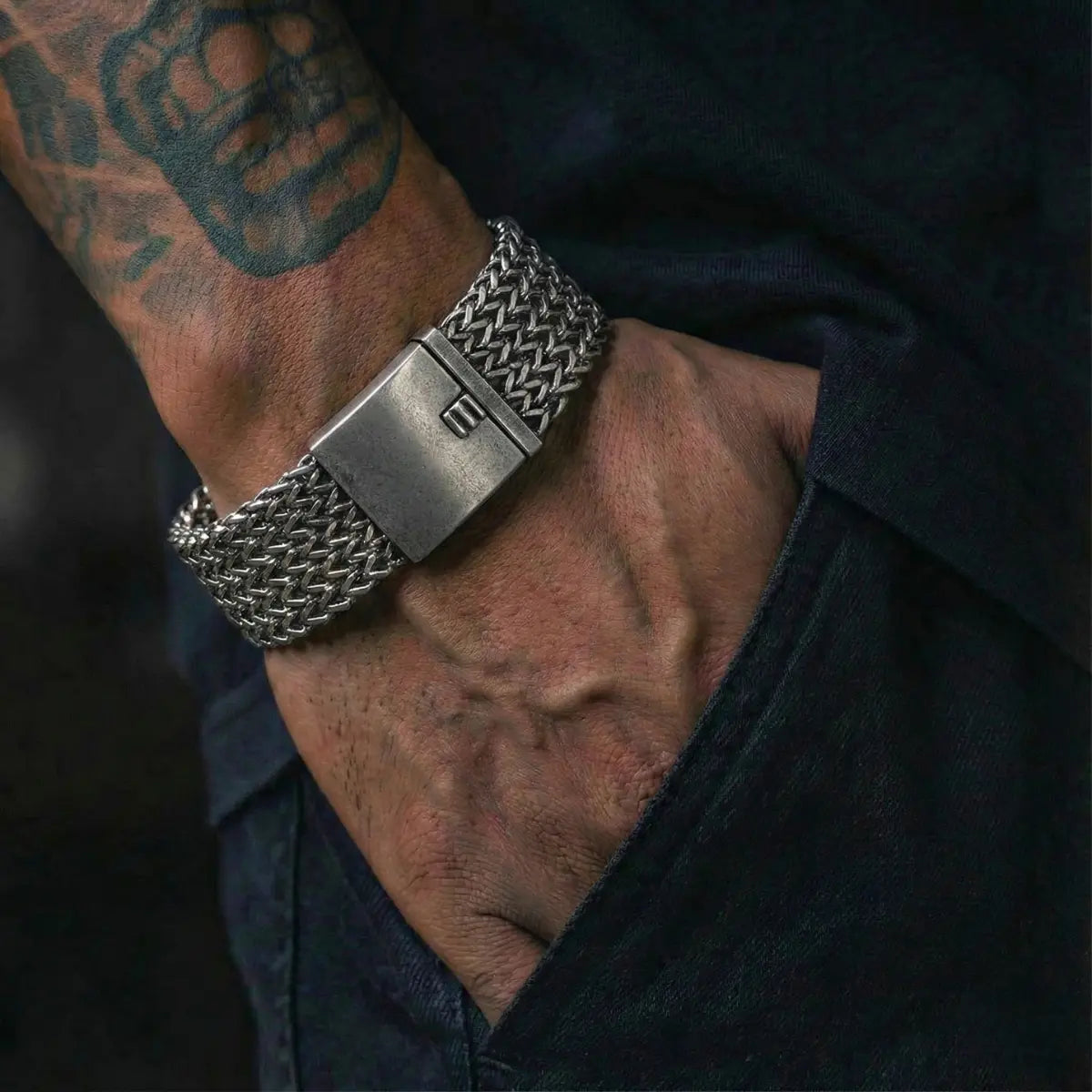 Vintage Silver Chunky Woven Mesh Bracelet 30mm Worn by Male Model