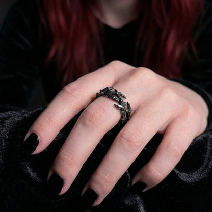 Vintage Silver Crown of Thorns Ring Worn by Female Model Close Up