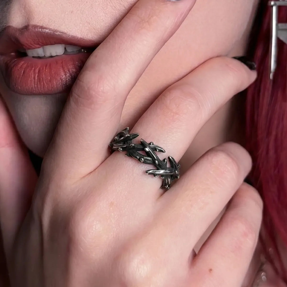 Vintage Silver Crown of Thorns Ring Worn by Female Model