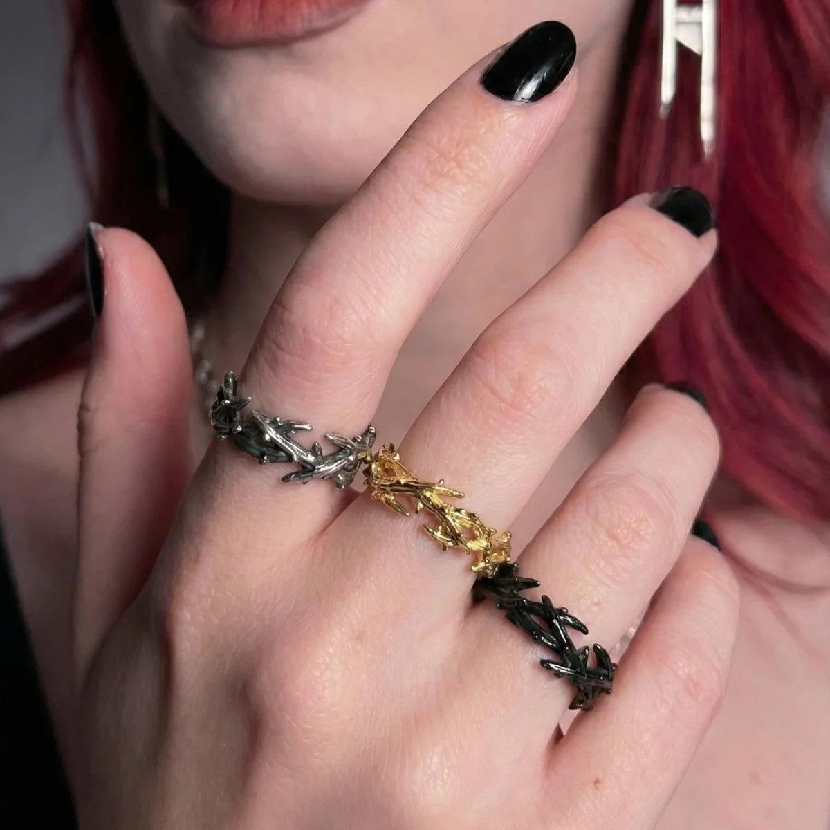 Vintage Silver Crown of Thorns Rings Gold and Black Worn by Female Model