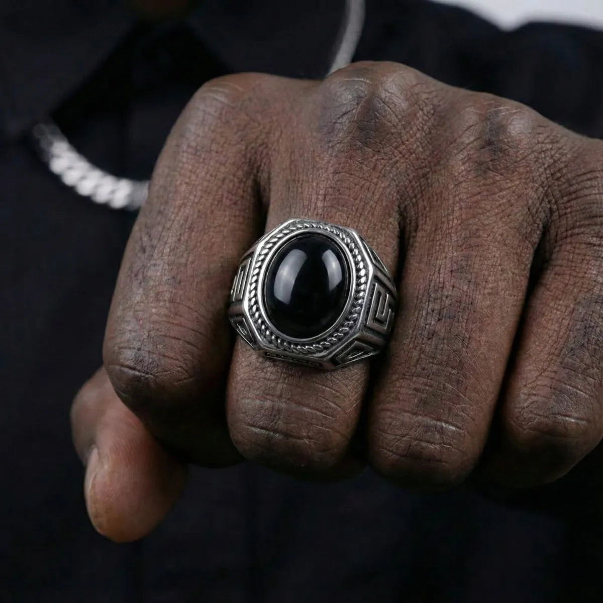 Vintage Silver Men’s Onyx Signet Ring Worn by Male Model Close Up