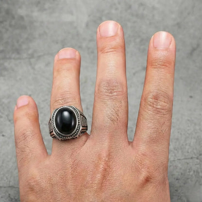 Vintage Silver Men‘s Onyx Signet Ring Worn by Male Model