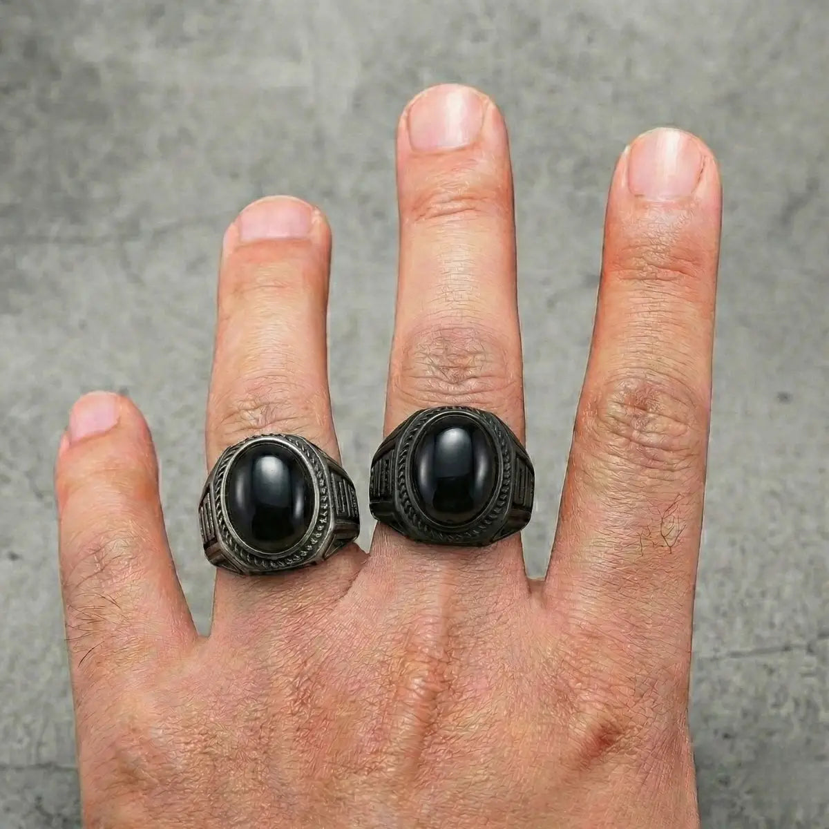 Vintage Silver Men‘s Onyx Signet Ring and Black Worn by Male Model