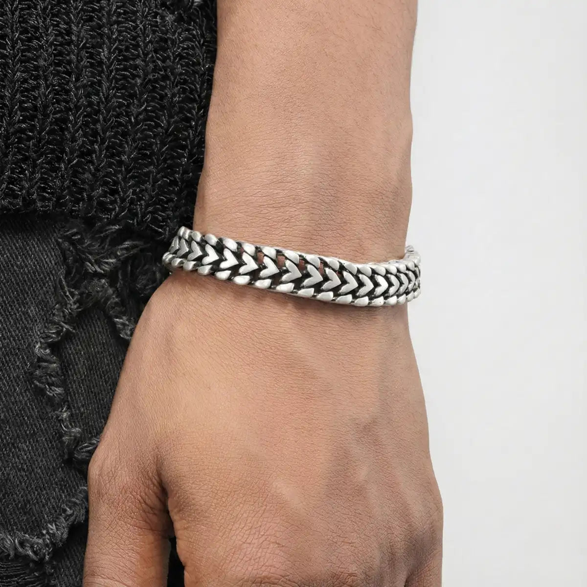 Vintage Silver Wheat Chain Bracelet Worn by Male Model