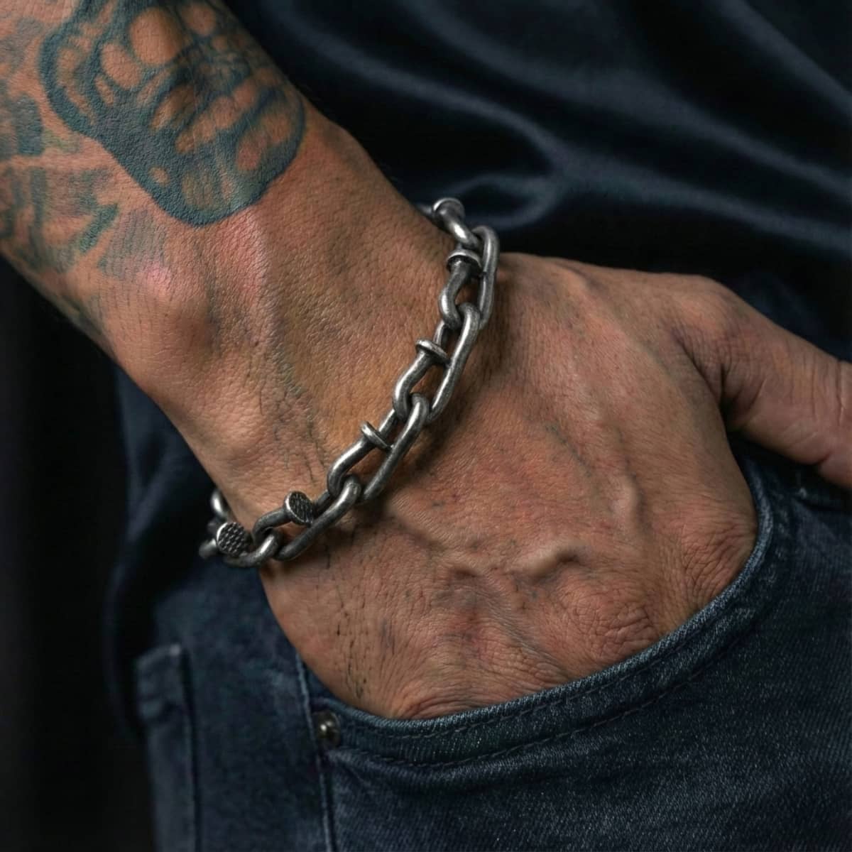 Vintage Steel Nail Bracelet Worn by Male Model