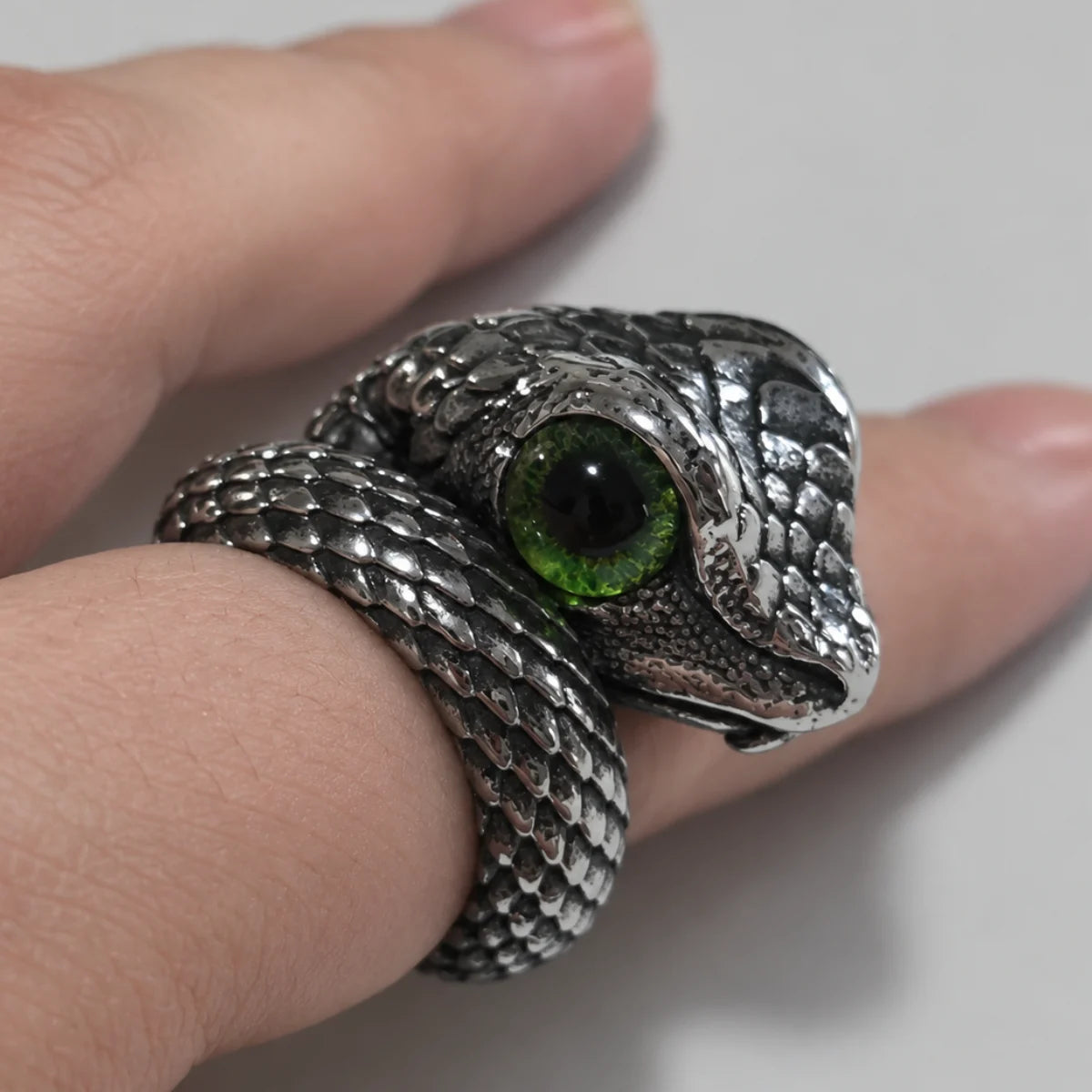 Viper Ring Silver Green Eye Worn on Index Finger Hand View