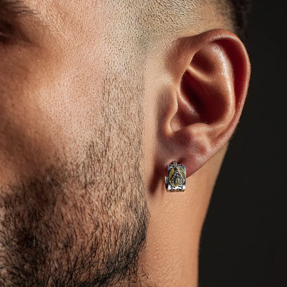 Virgin Mary Earrings Sterling Silver Worn by Male Model Close Up