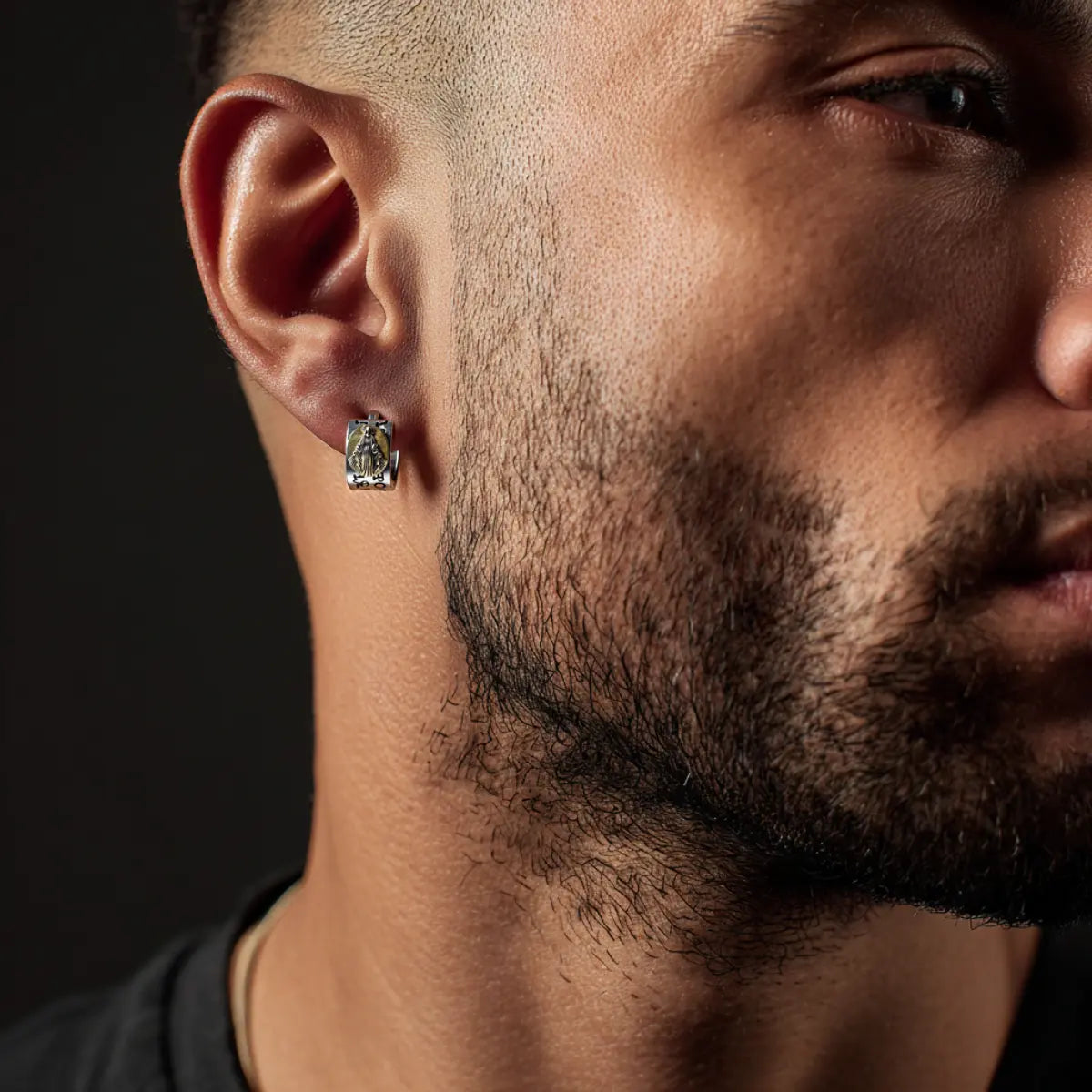 Virgin Mary Earrings Sterling Silver Worn by Male Model Front