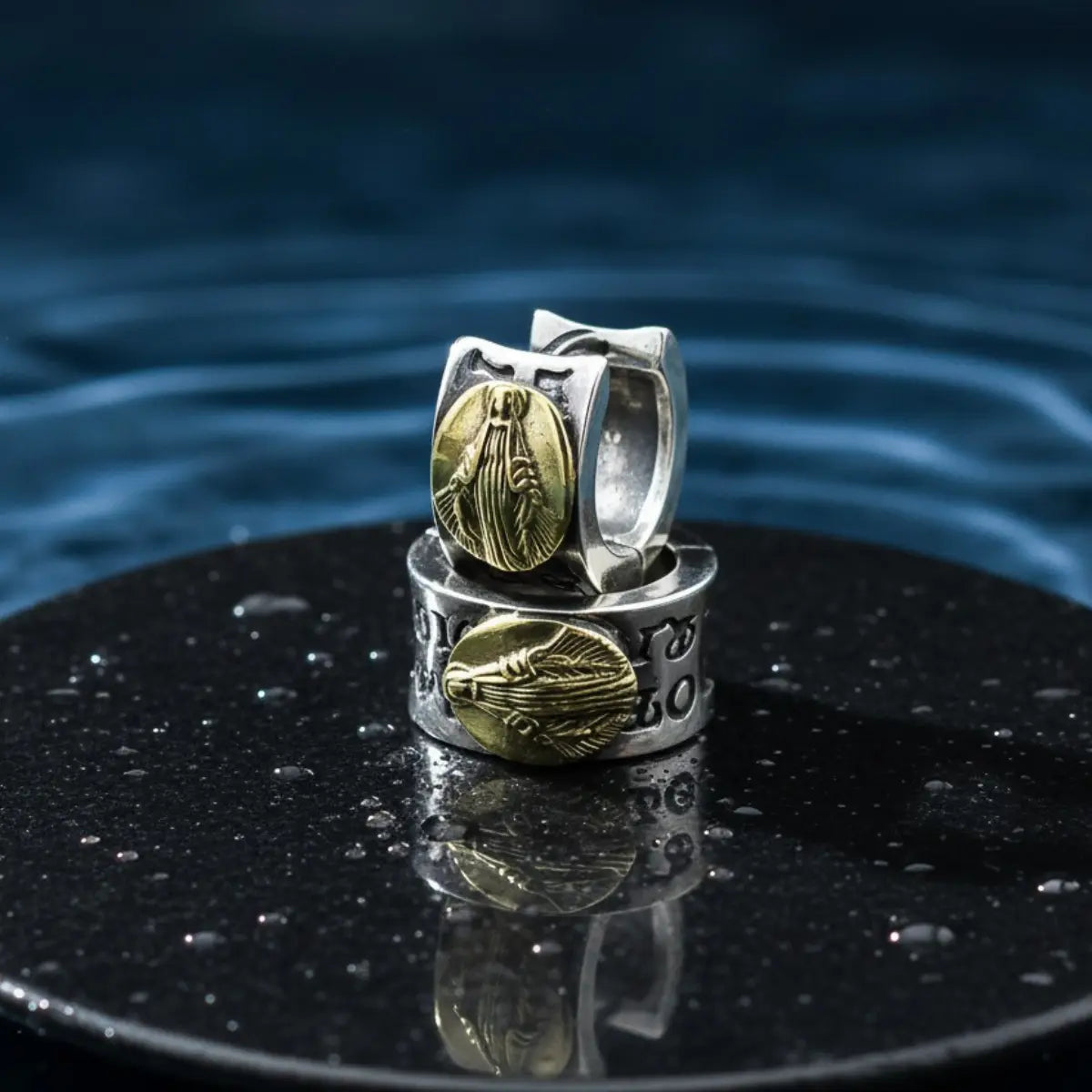 Virgin Mary Earrings Sterling Silver on the Black Stone