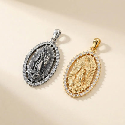 Virgin Mary Halo Pendant Necklace with CZ 18k Gold Plated Silver and Sterling Silver
