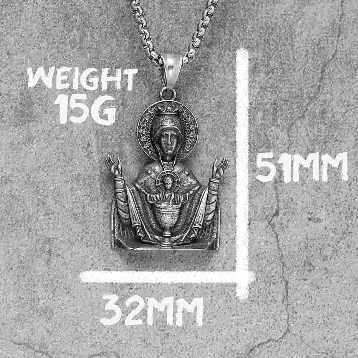 Virgin Mary with Baby Jesus Pendant Necklace Dimensions and Weight Xenos Jewelry