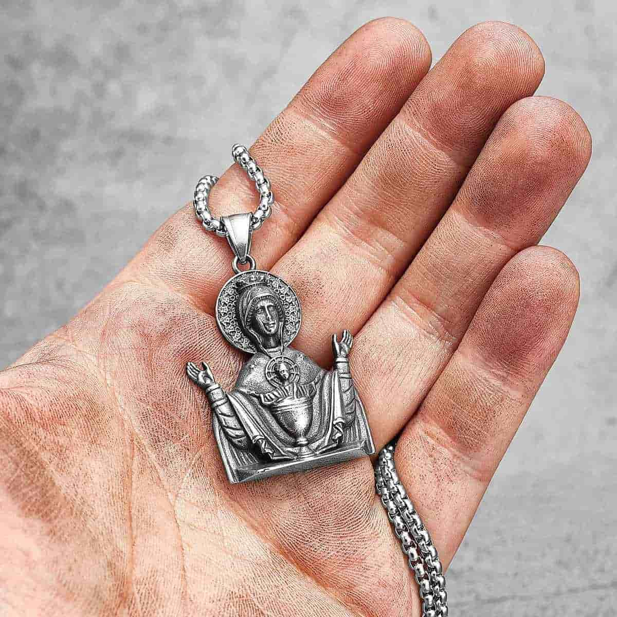 Virgin Mary with Baby Jesus Pendant Necklace Front Xenos Jewelry