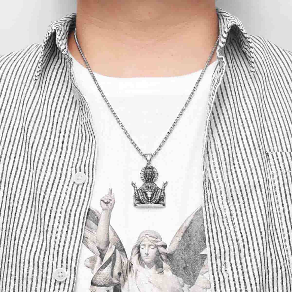 Virgin Mary with Baby Jesus Pendant Necklace Worn by Model Xenos Jewelry