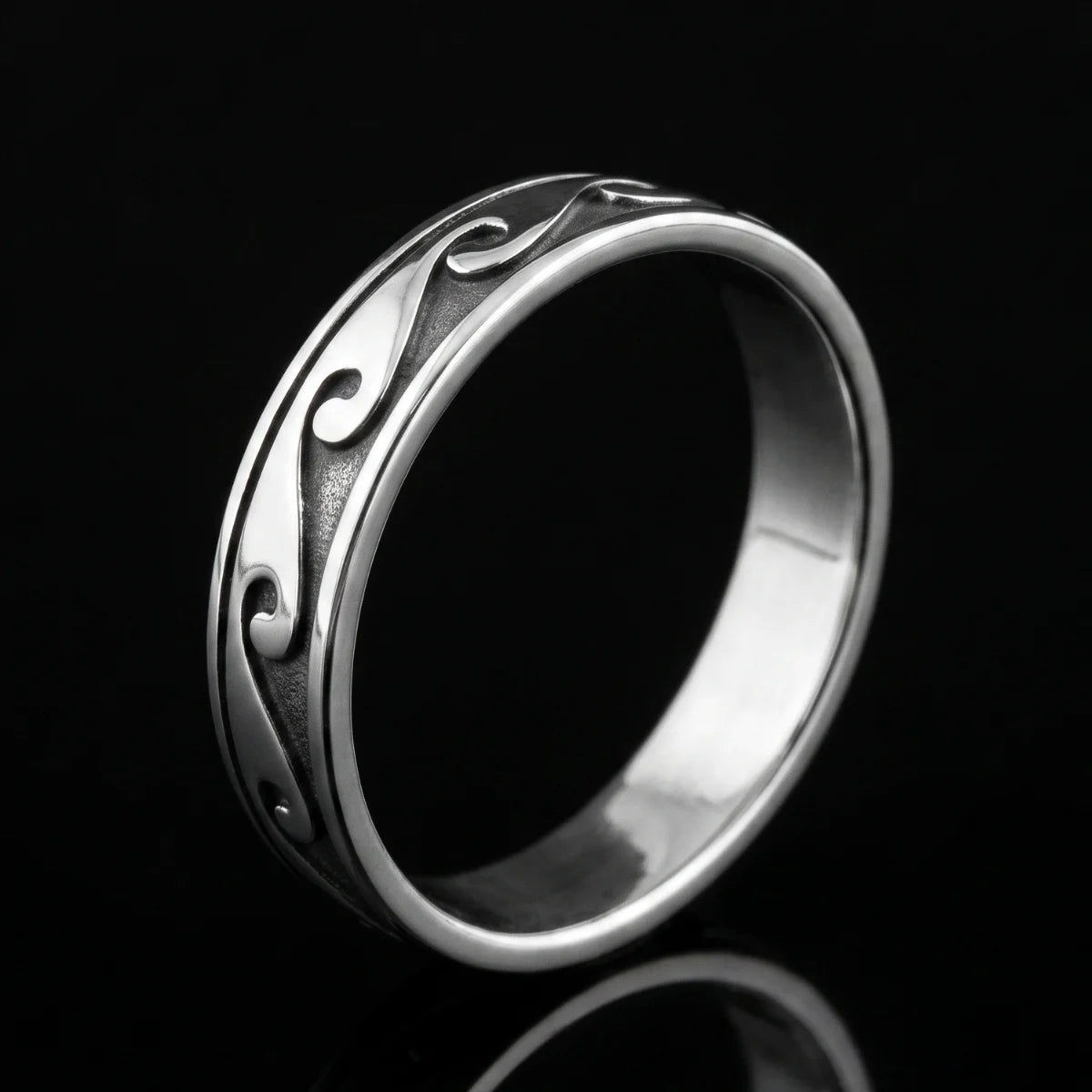Wave Band Ring Silver Close Up Black Background