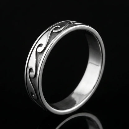 Wave Band Ring Silver Close Up Black Background