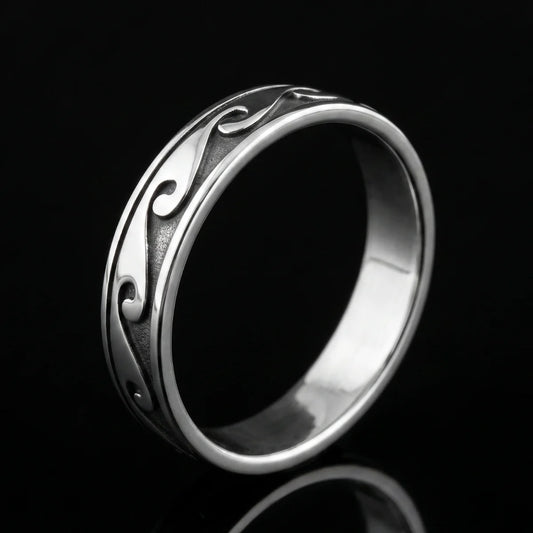 Wave Band Ring Silver Close Up Black Background