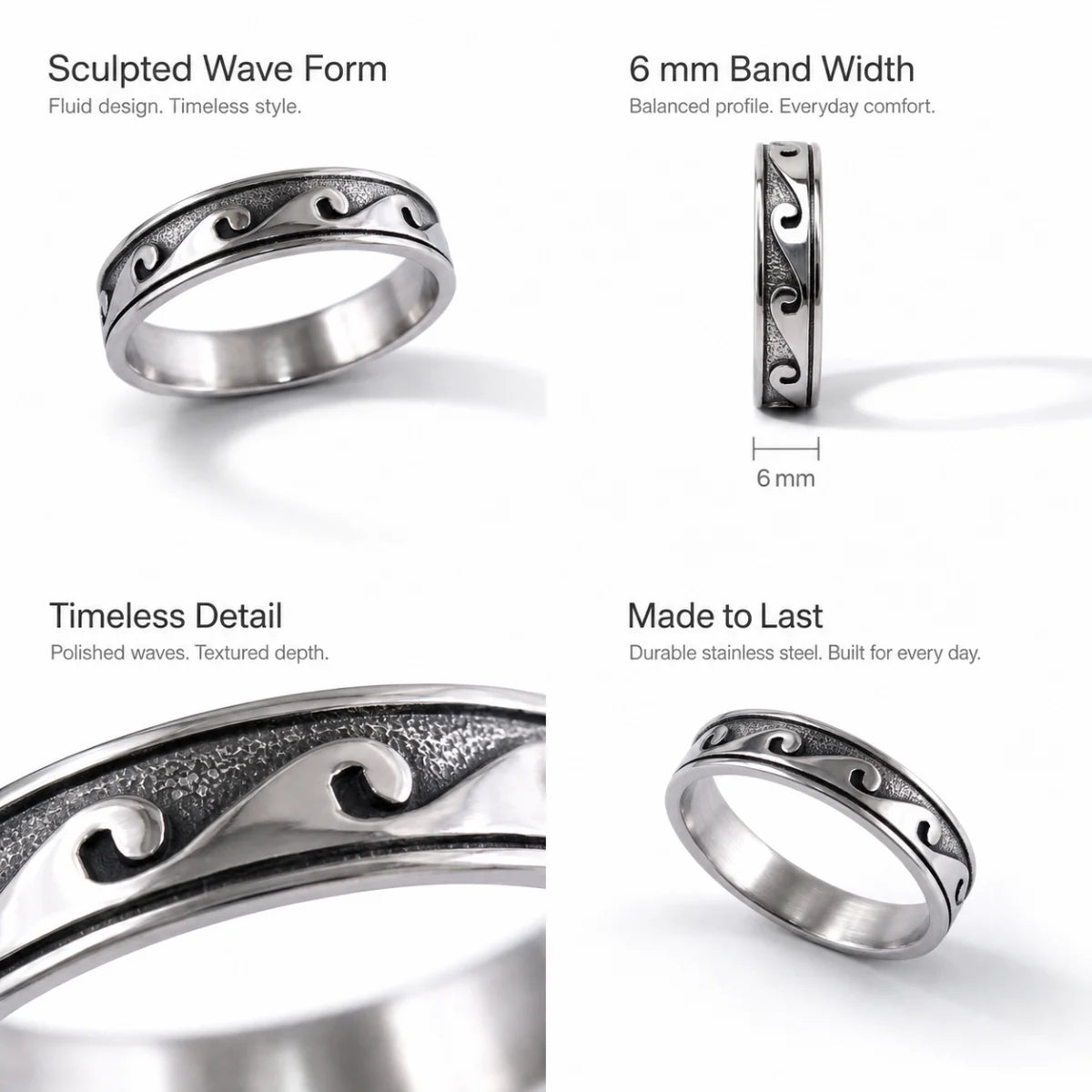 Wave Band Ring Silver Details and Features Infographic