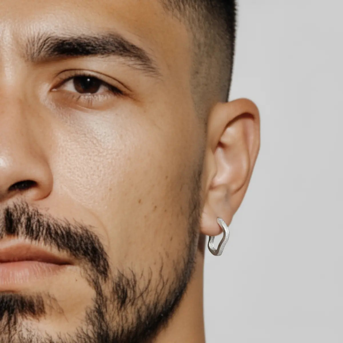 Wave Hoop Earrings Sterling Silver Worn by Male Model