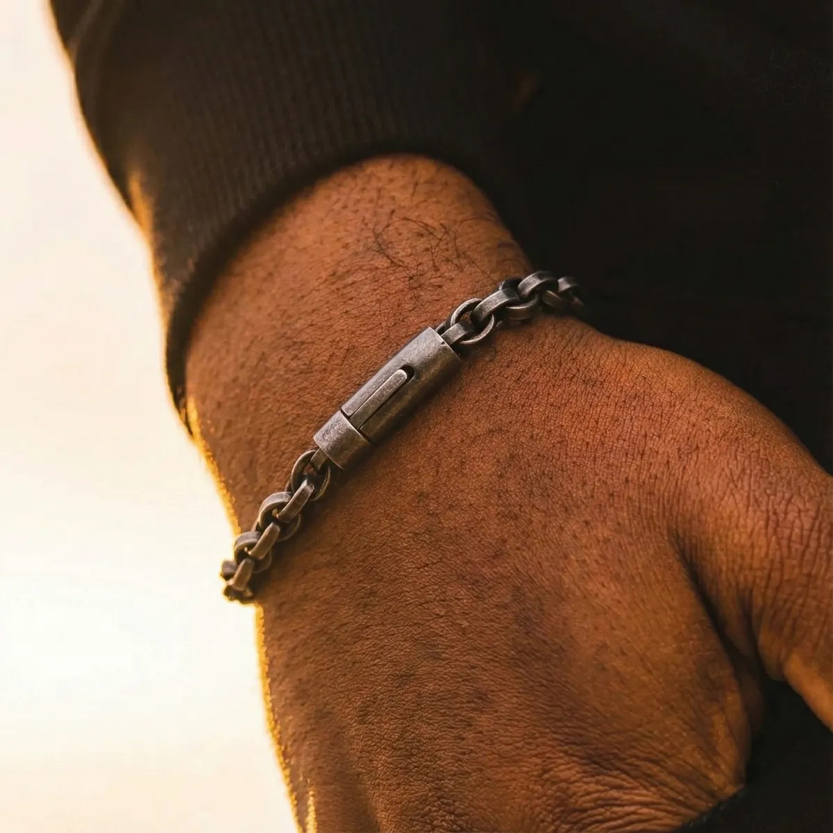 Wheat Chain Bracelet Vintage Steel Worn by Male Model