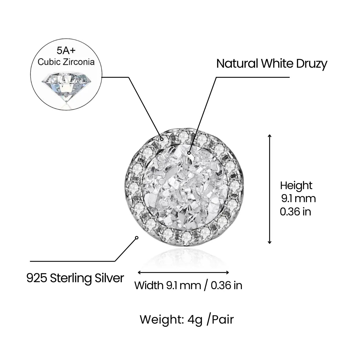 White Druzy Stud Earrings Sterling Silver Dimensions and Weight