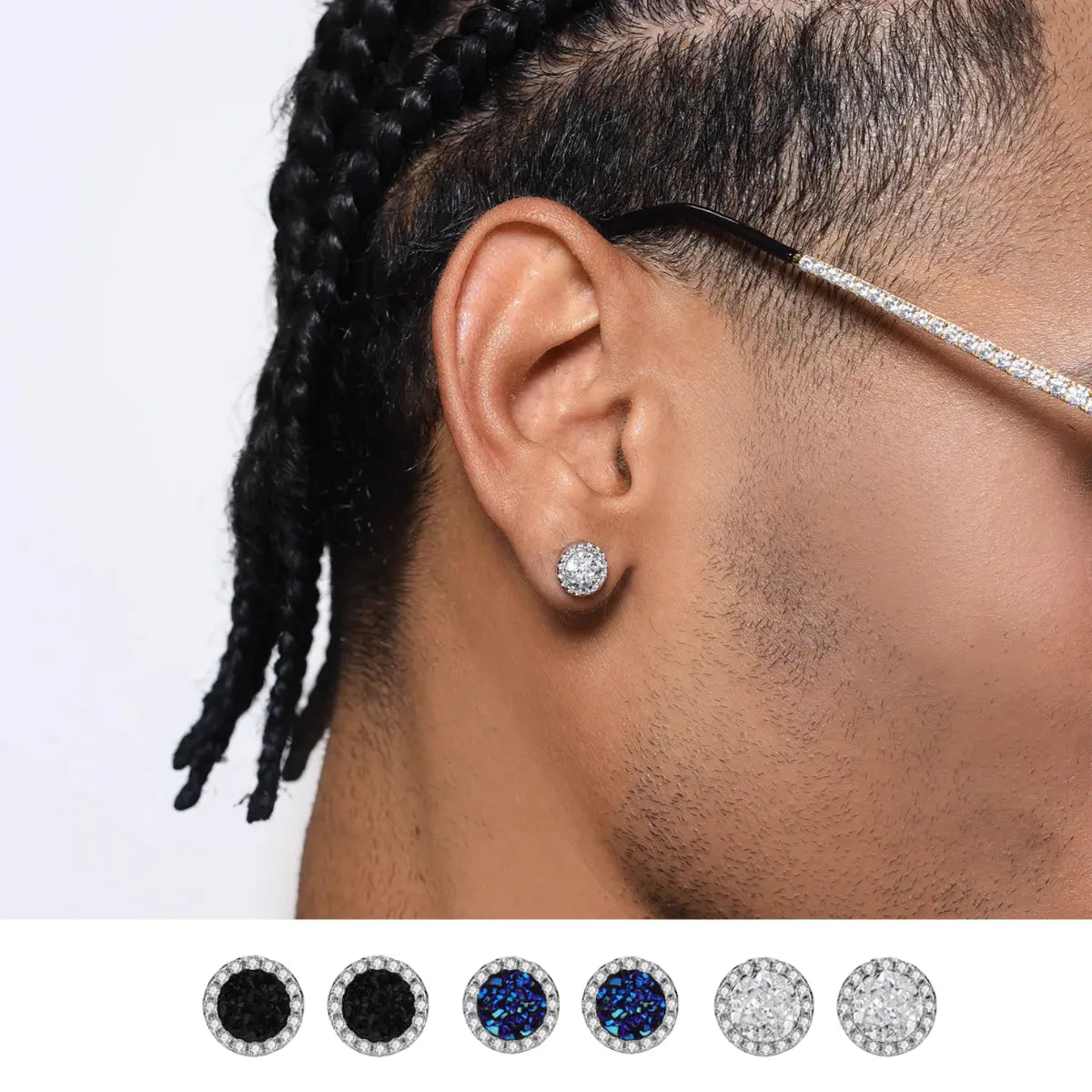 White Druzy Stud Earrings Sterling Silver Front Worn by Male Model