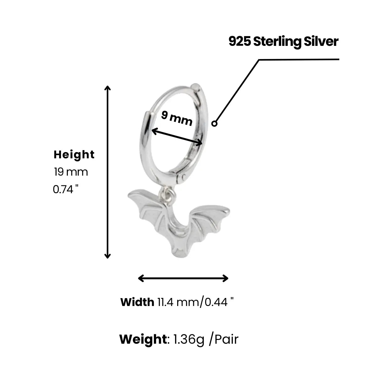 White Gold Bat Wing Earrings Sterling Silver Dimensions and Weight