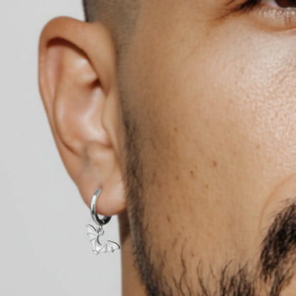 White Gold Bat Wing Earrings Sterling Silver Worn by Male Model