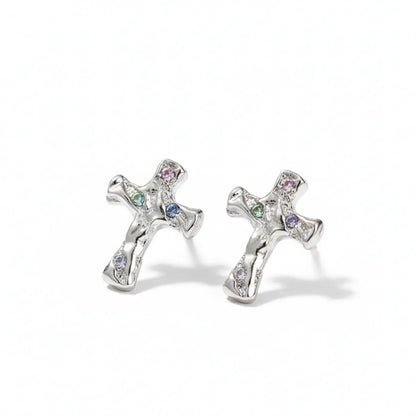 White Gold Molten Pavé CZ Cross Stud Earrings Details