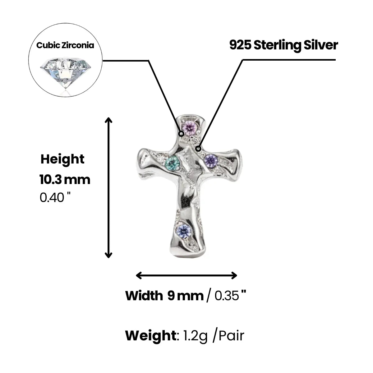 White Gold Molten Pavé CZ Cross Stud Earrings Dimensions and Weight