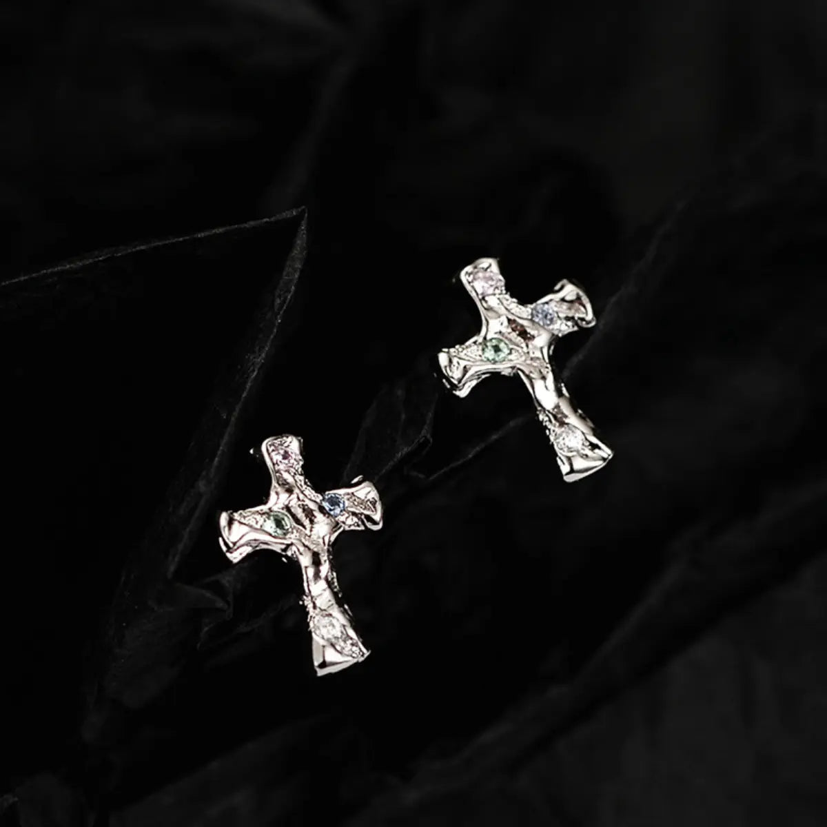 White Gold Molten Pavé CZ Cross Stud Earrings Side