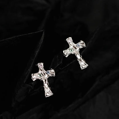 White Gold Molten Pavé CZ Cross Stud Earrings Side