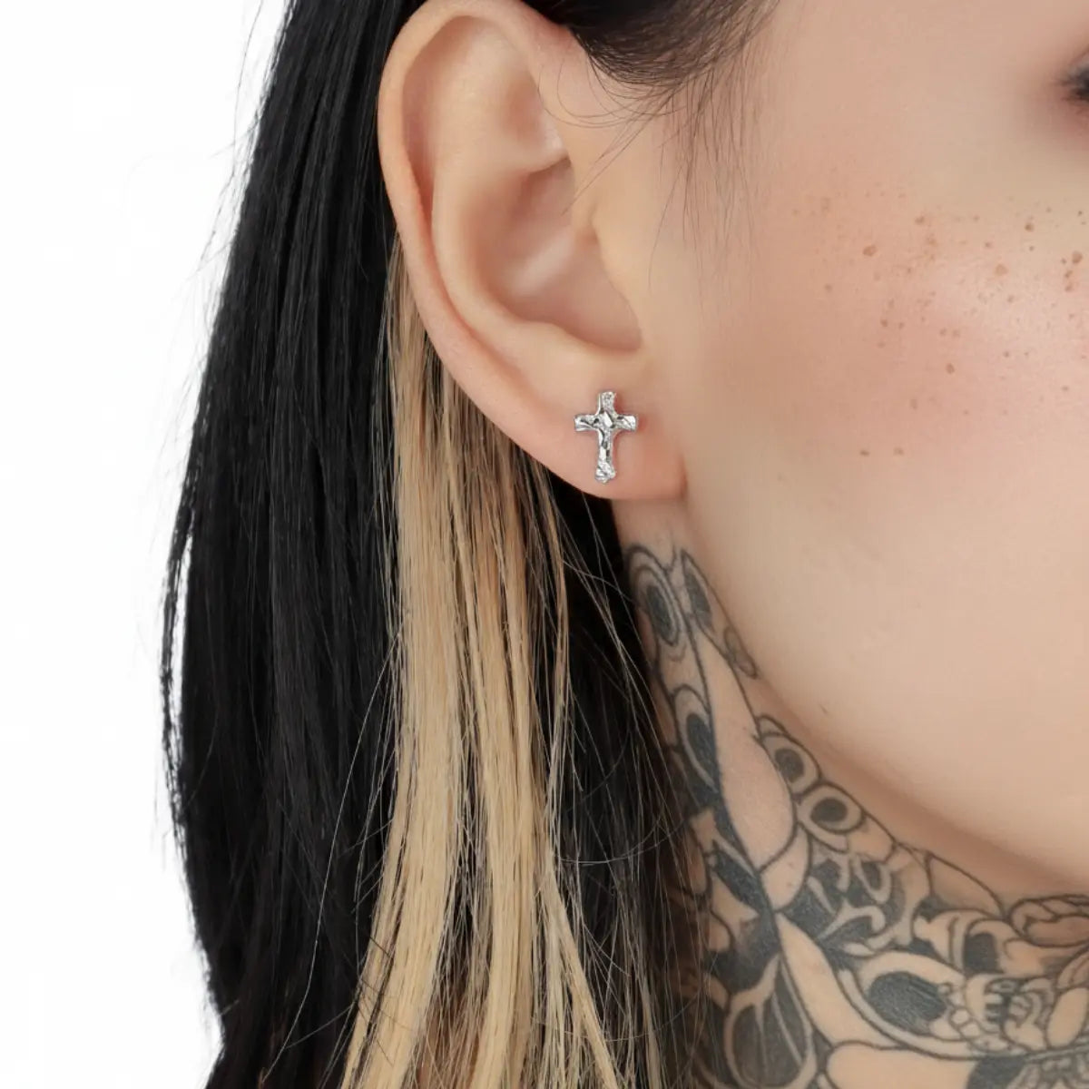 White Gold Molten Pavé CZ Cross Stud Earrings Worn by Female Model