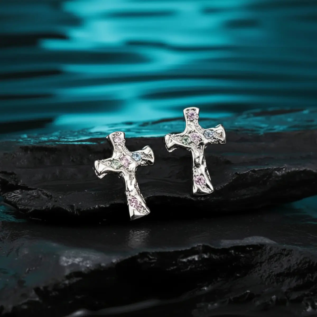 White Gold Molten Pavé CZ Cross Stud Earrings
