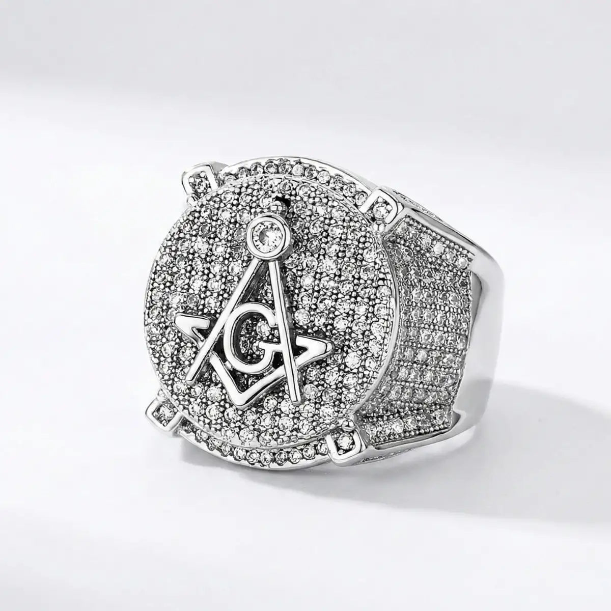 White Gold Plated Iced Out Masonic Ring Details