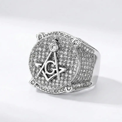 White Gold Plated Iced Out Masonic Ring Details
