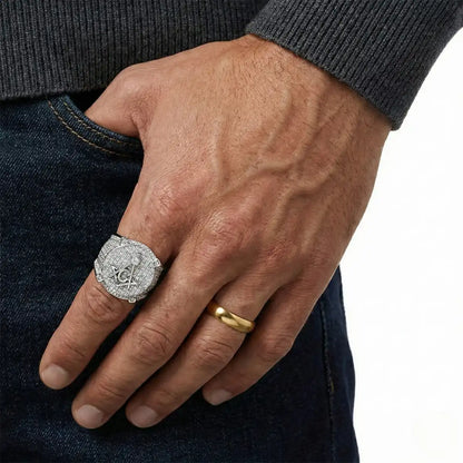 White Gold Plated Iced Out Masonic Ring Worn by Male Model