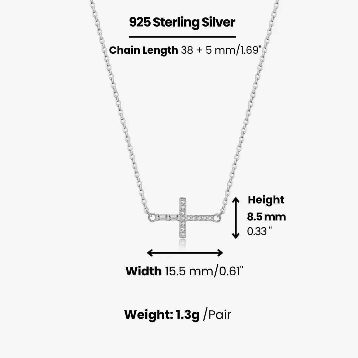 White Gold Sideways Cross Necklace Dimensions and Weight
